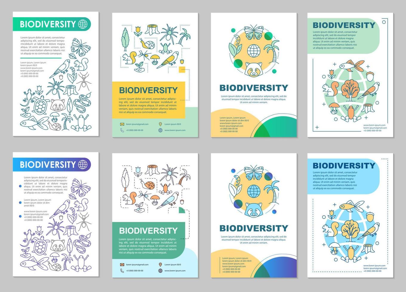 diseño de plantilla de folleto de biodiversidad. Flora y fauna. animales y plantas. folleto, folleto, diseño de impresión de folleto con ilustraciones lineales. página vectorial para revista, informe anual, cartel publicitario vector