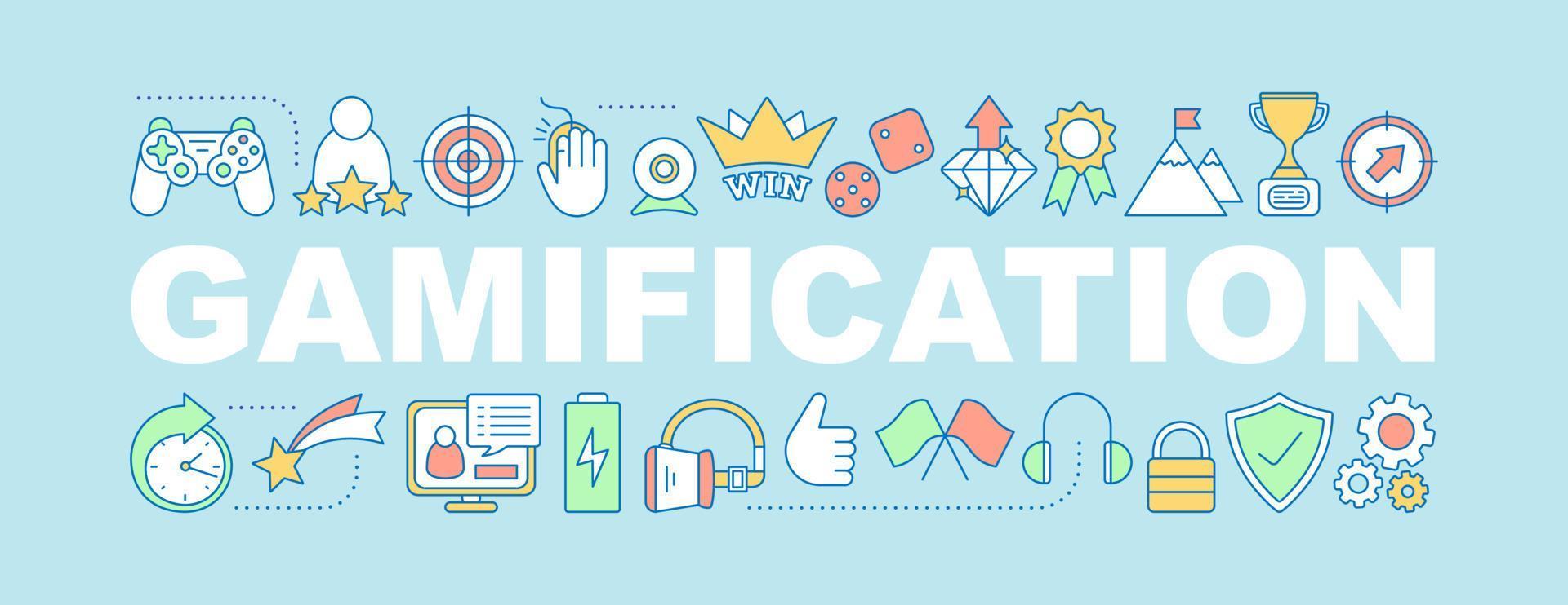 Gamification word concepts banner. Success. Entertainment and goal achieving. Isolated lettering typography idea with linear icons. Achievement and missions. Vector outline illustration