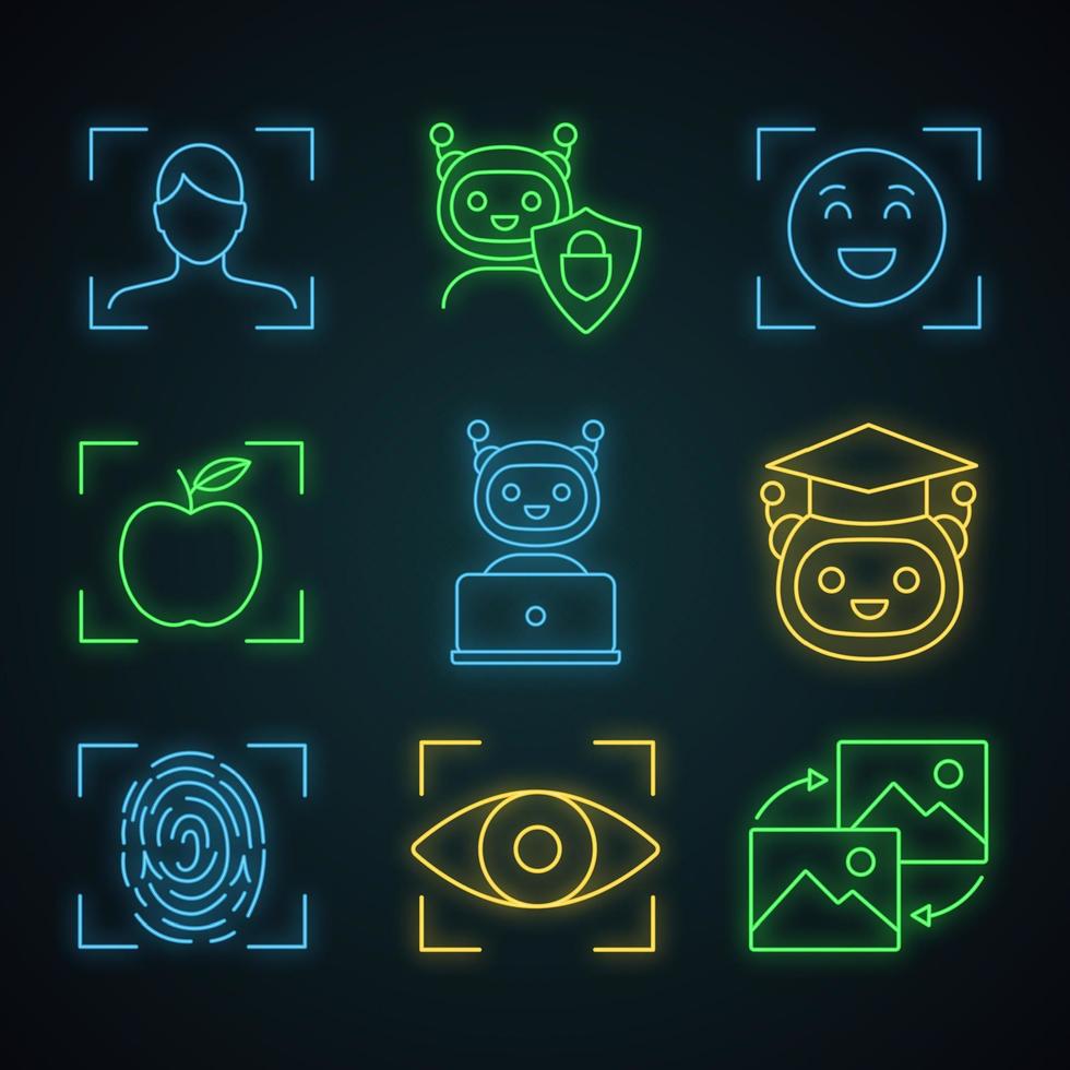 Machine learning neon light icons set. Artificial intelligence. Chatbot, face, retina, fingerprint identification. Glowing signs. Vector isolated illustrations