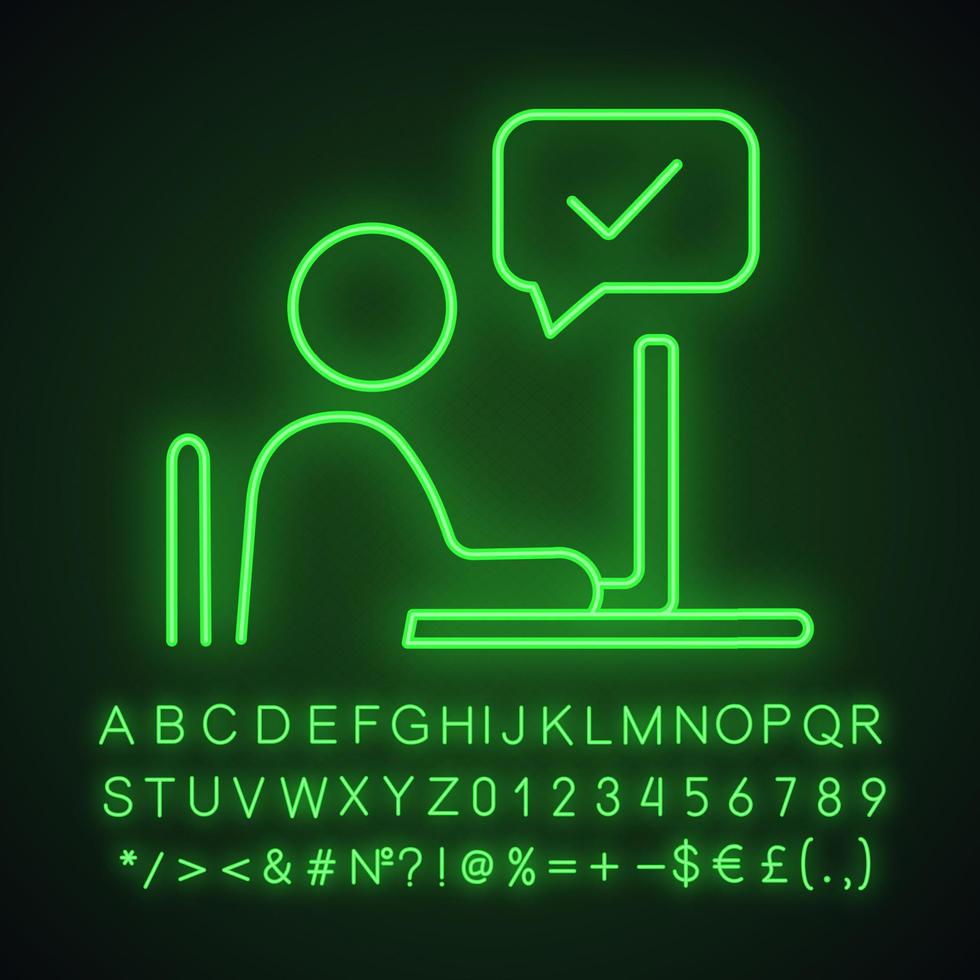 Approved employee's idea neon light icon. Approval chat. Successful remote work. Online verification. Person chatting. Glowing sign with alphabet, numbers and symbols. Vector isolated illustration