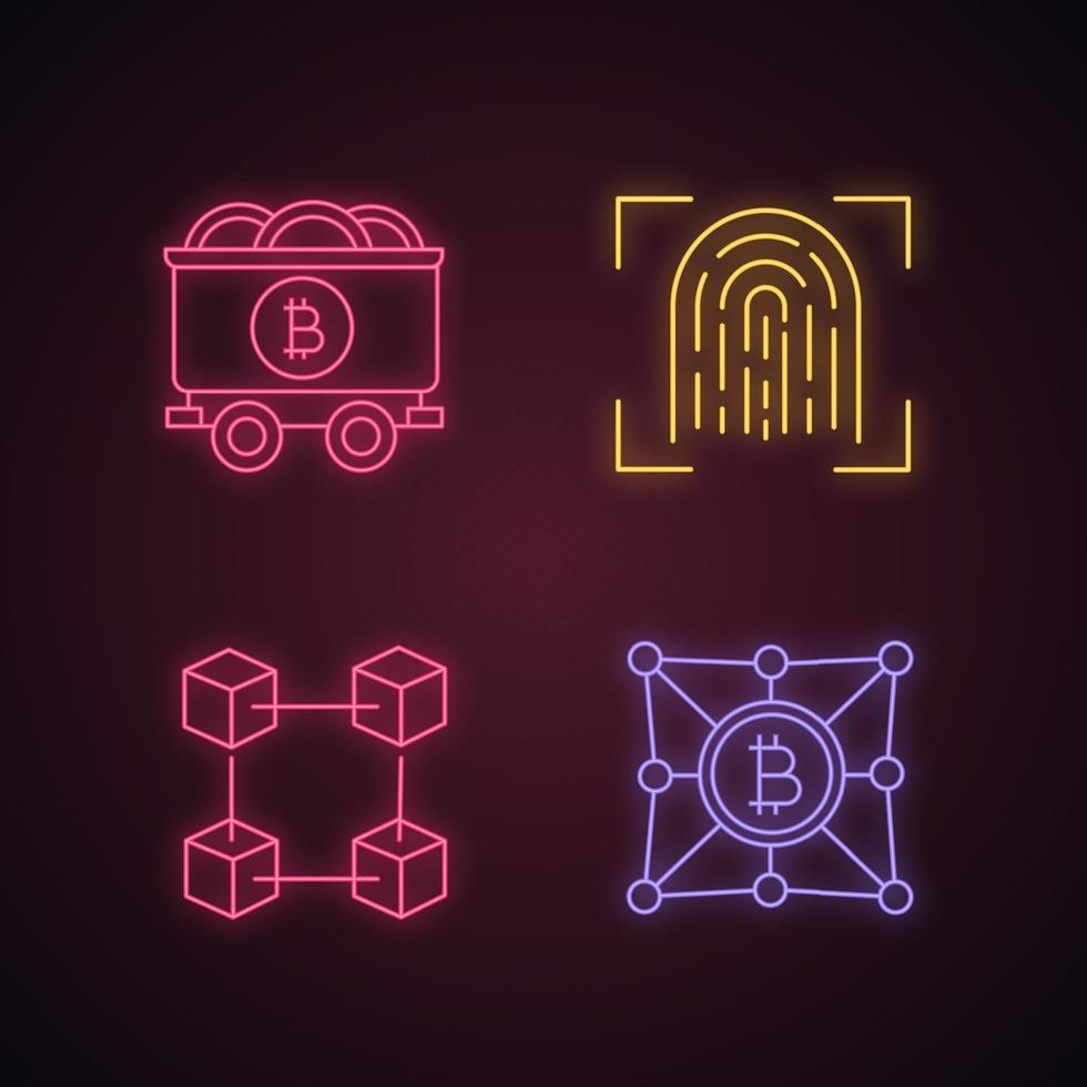 Bitcoin cryptocurrency neon light icons set. Fingerprint scanning, blockchain, mine cart with coins, bitcoin network. Glowing signs. Vector isolated illustrations