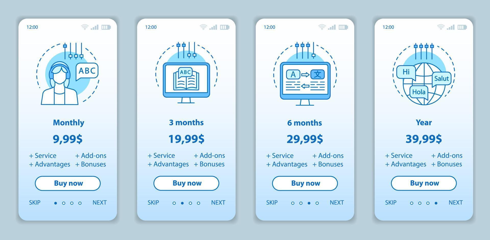 Language learning onboarding mobile app screens with service prices. Walkthrough website pages templates. Online language courses costs steps. Tariff plans. Smartphone payment web page layout vector