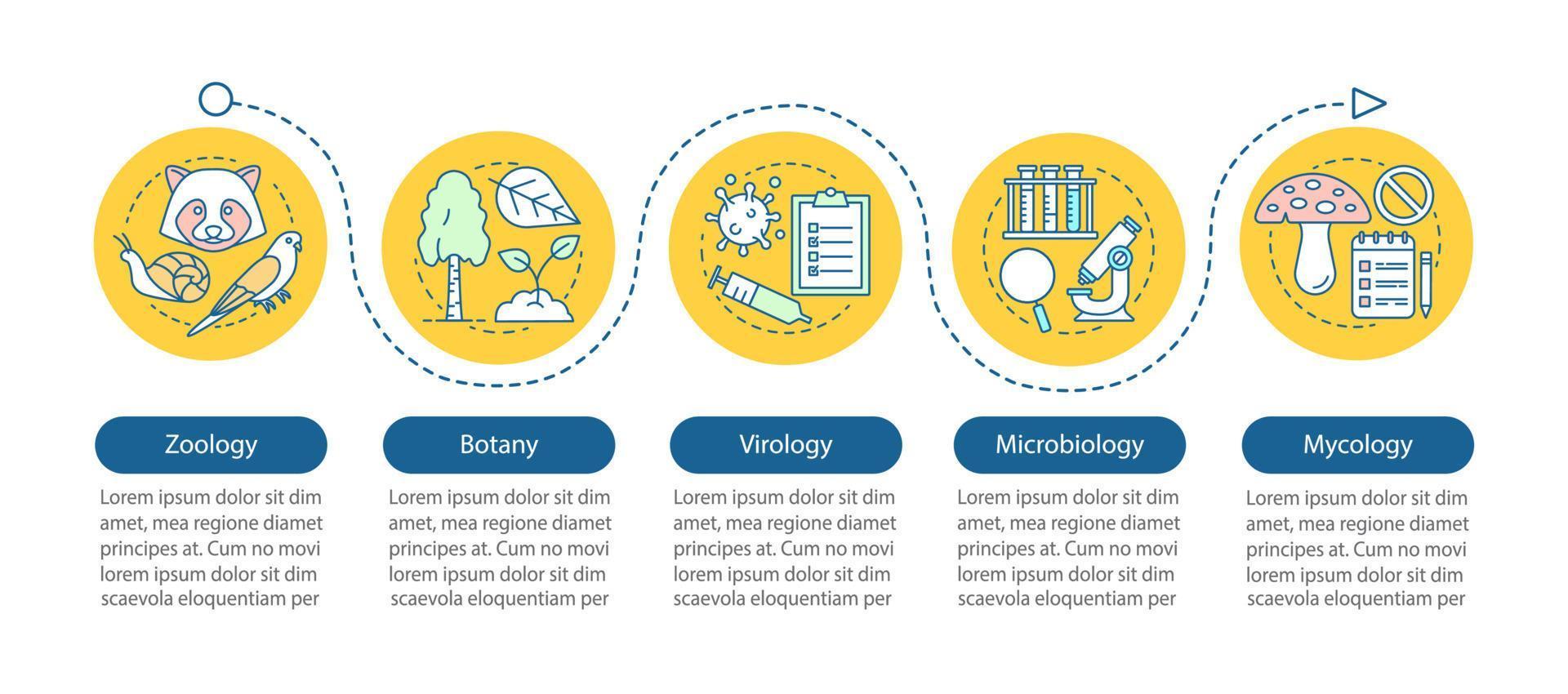 Biology branches vector infographic template. Zoology, botany, virology, microbiology, mycology. Data visualization with five steps and options. Process timeline chart. Workflow layout