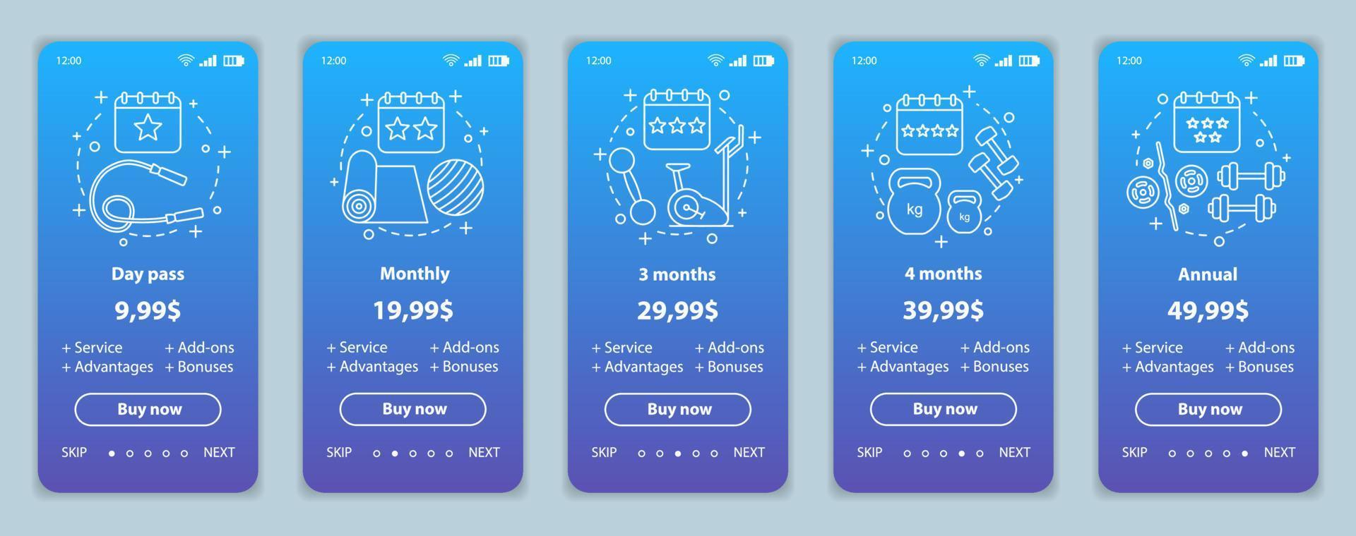 Fitness subscription onboarding mobile app screens prices. Walkthrough website pages templates. Gym membership costs. Tariff plans steps. Smartphone payment web page layout vector