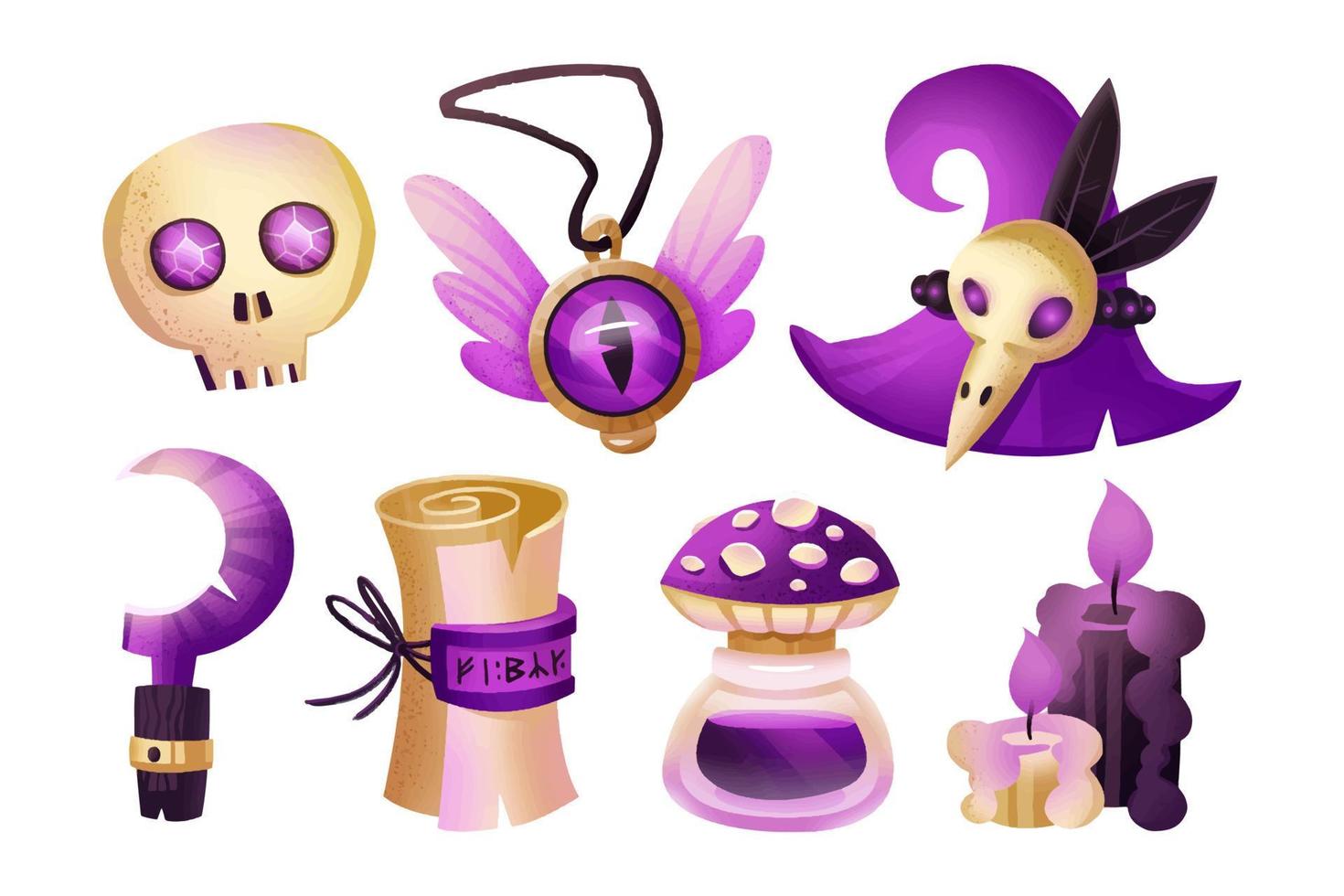 Wizard, witch magic elements. Skull, hat, candle, bottle with mushroom, knife, amulet, reaping hook, scroll. Set of elements. Video game icons design. vector