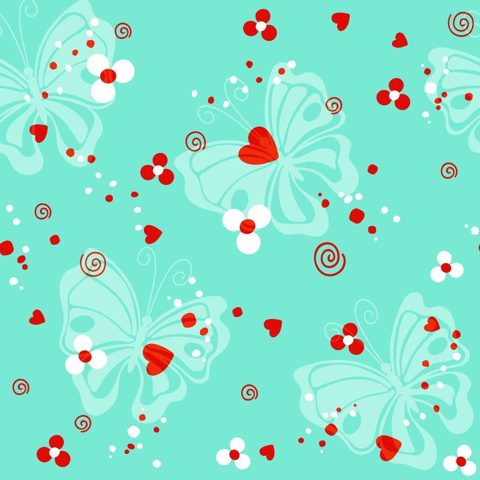 Butterfly, red heart on turquoise seamless pattern vector