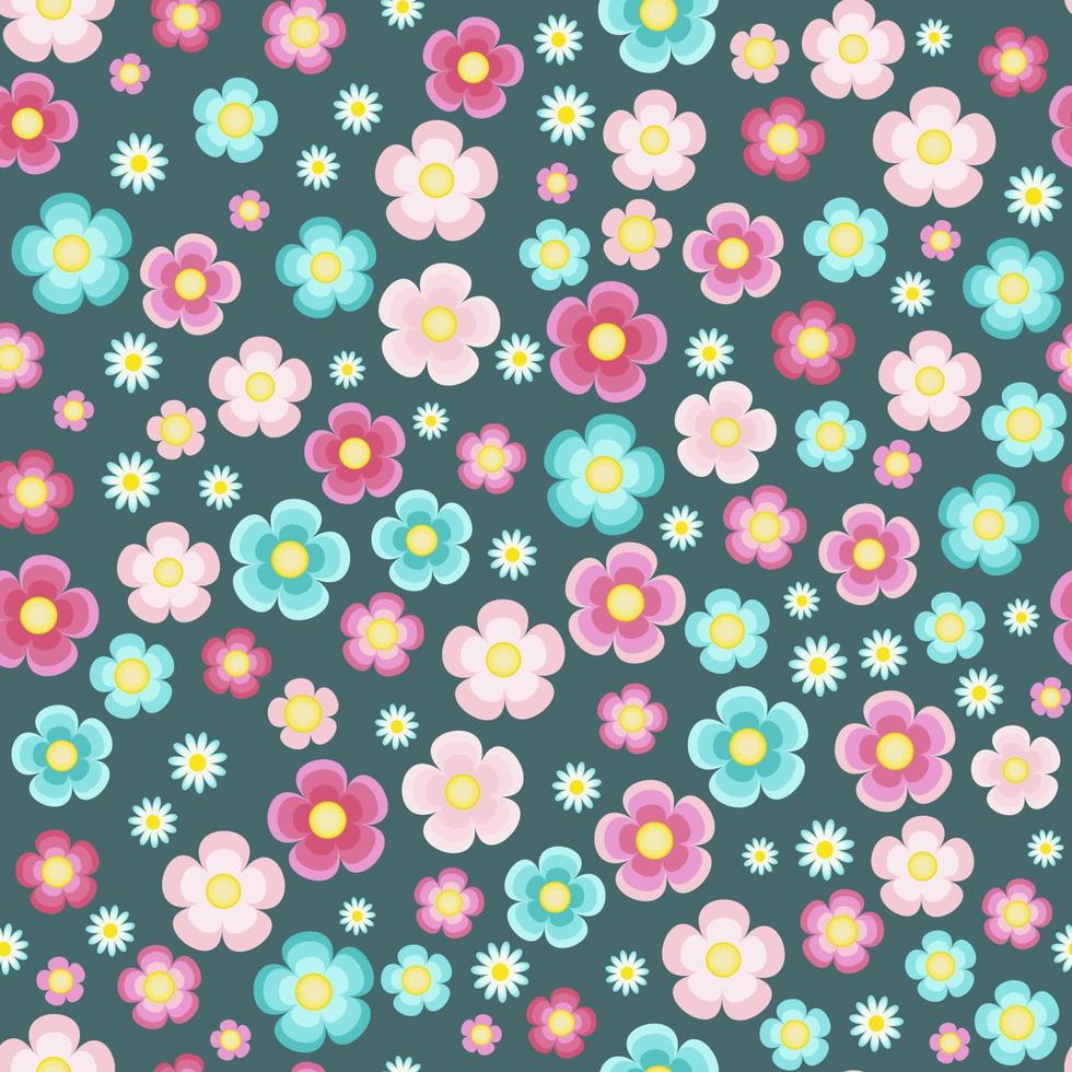 Periwinkle pink turquoise flowers seamless pattern vector