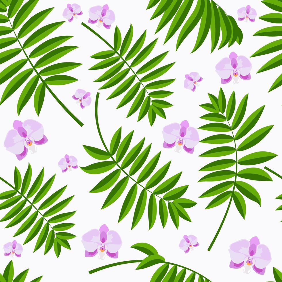 Purple orchid green palm branch on white seamless pattern vector