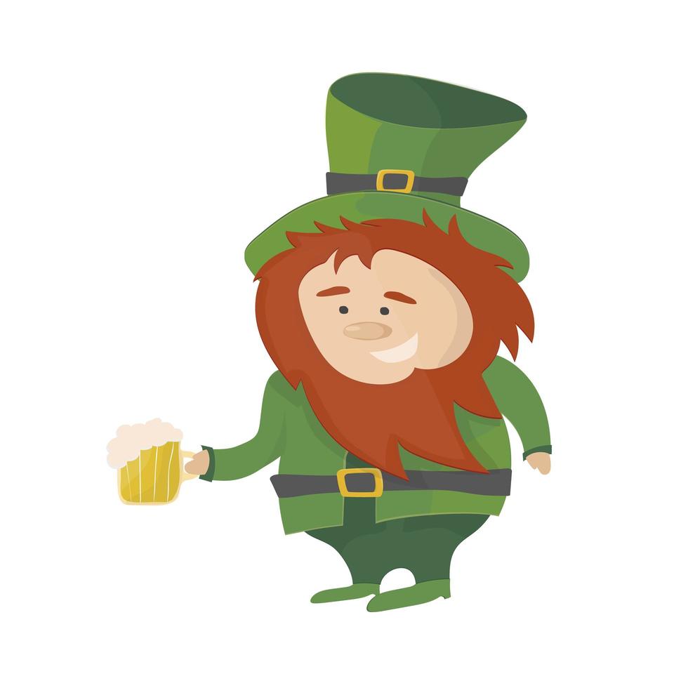 Irish leprechaun in green suit and hat with beer isolated. St. Patricks day vector