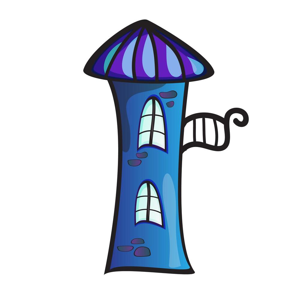 Fairytale blue stone towers with balcony in cute cartoon style. Vector