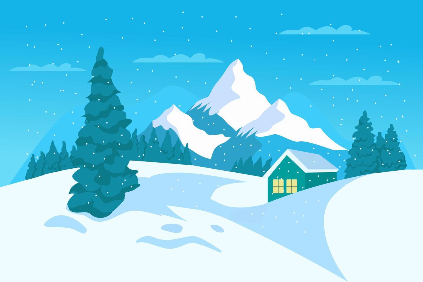 paisaje invernal, montañas nevadas, bosque de abetos, campos. escena vectorial de nevadas. vista desde la montaña. fondo de vacaciones de invierno, banner o plantilla de tarjeta de felicitación. vector