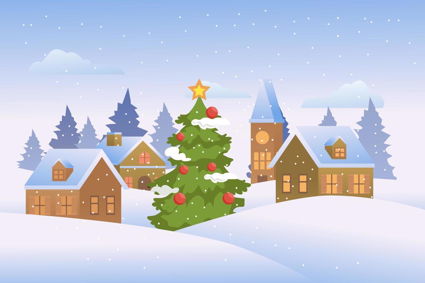 Christmas landscape with christmas tree and houses. vector illustration