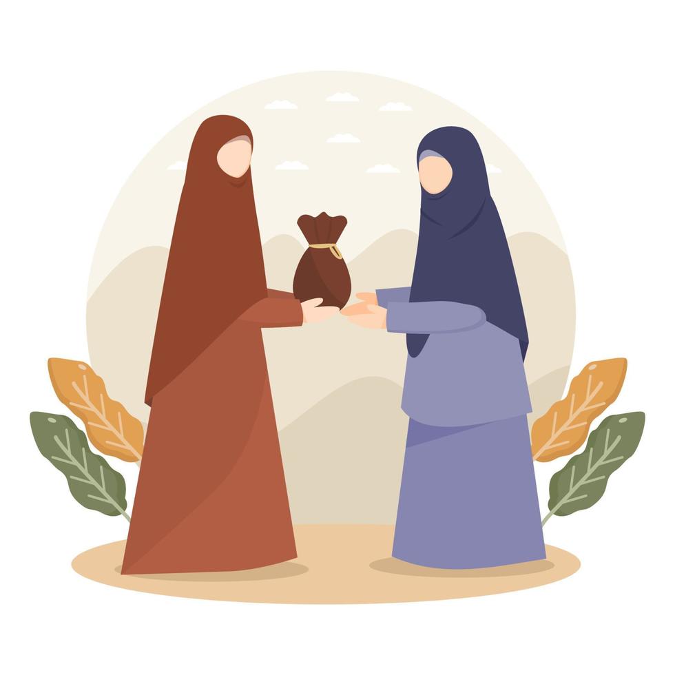 Muslim woman give zakat to poor woman vector