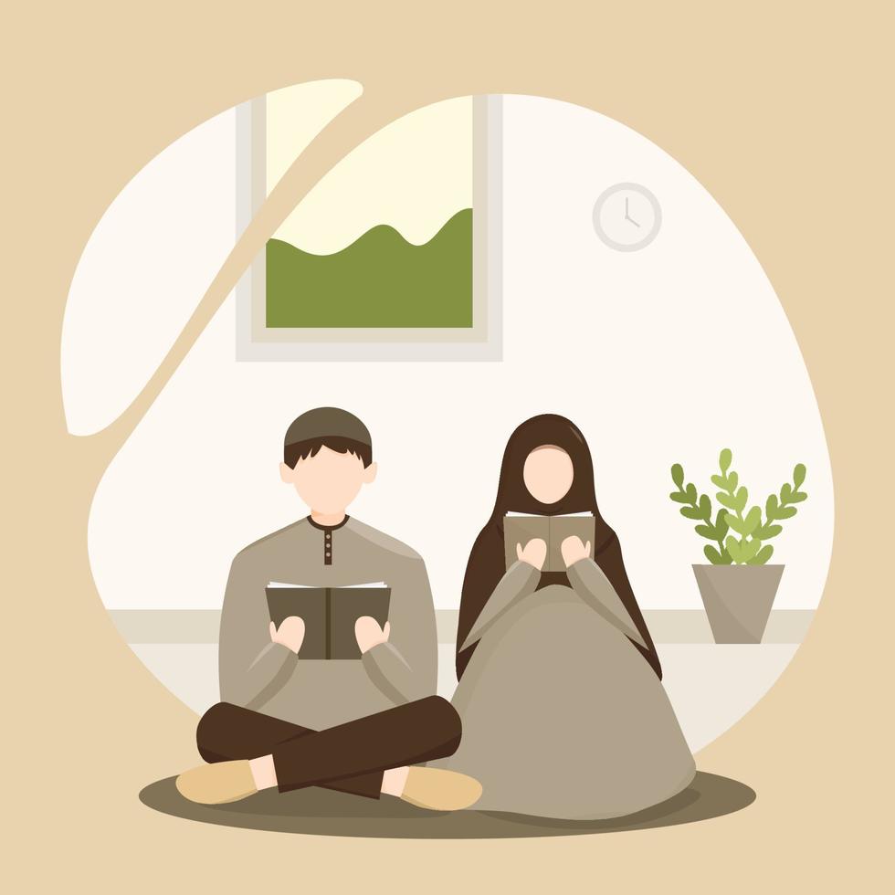 Muslim family reading Quran illustration vector