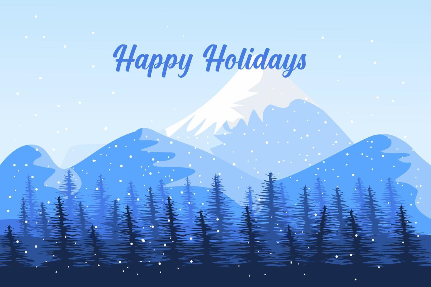 Happy Holidays Winter Mountain Forest Landscape Background, Pine Snow Trees Woods Flat Vector Illustration