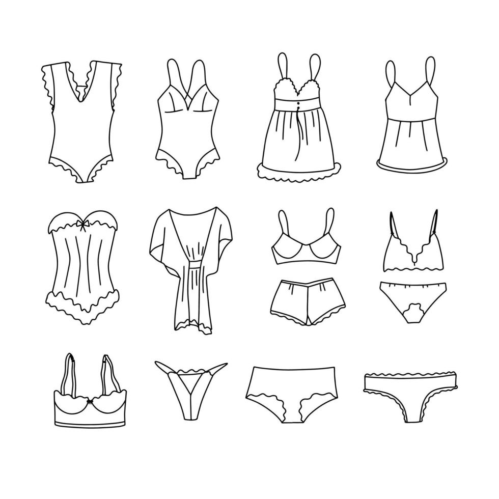 conjunto de ropa interior de mujer dibujado a mano. elementos de garabato de langerie. ilustración vectorial vector