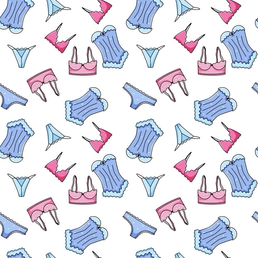 Seamless pattern with women's underwear. Sleepwear. Langerie, hand drawn doodle style. vector