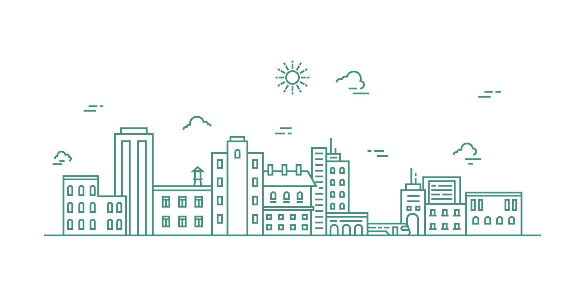 Cityscape line art illustration. Urban landscape in monochrome line art style. Vector illustration.