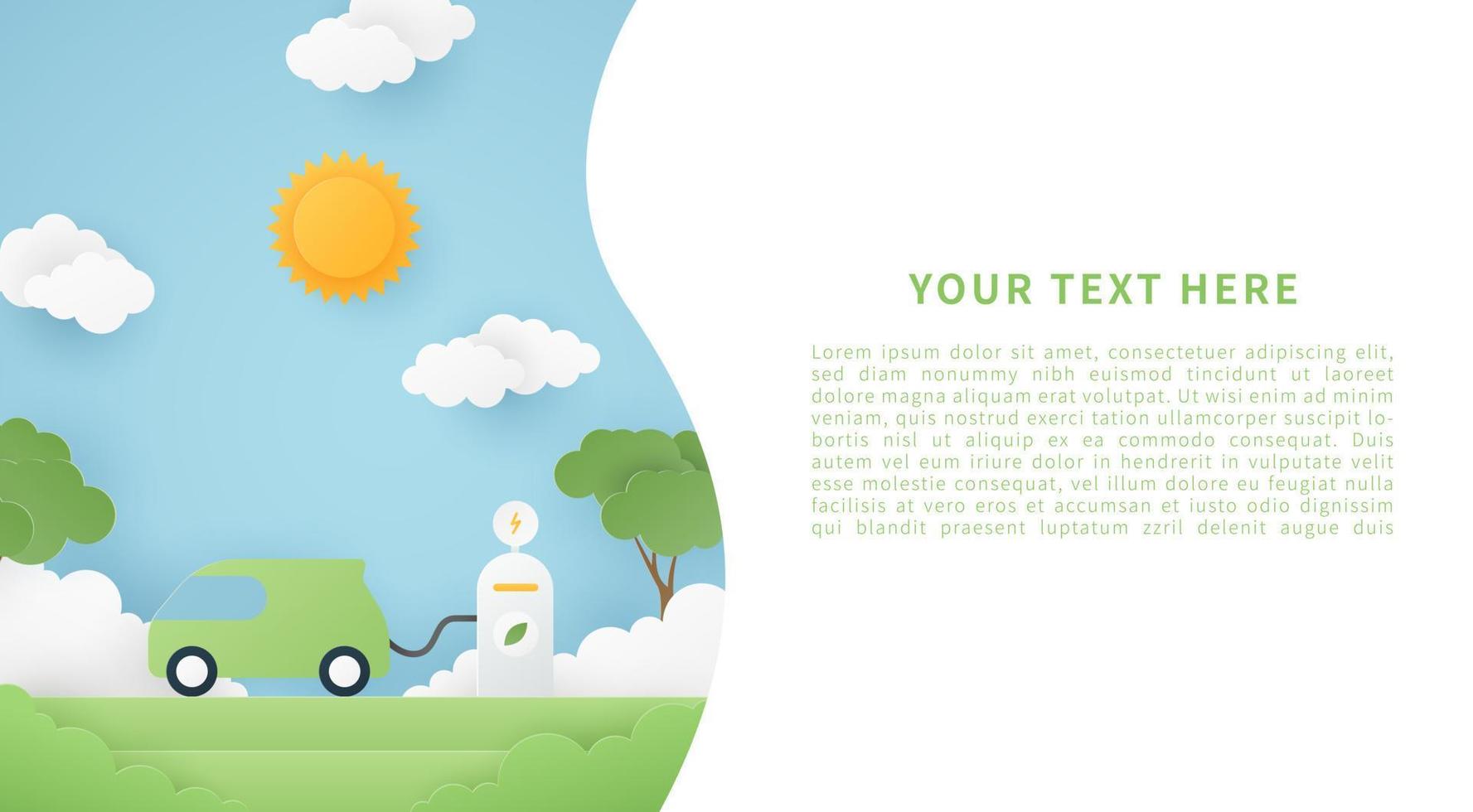 Eco friendly concept with eco car. Vector banner template design. Paper cut style. Vector illustration.