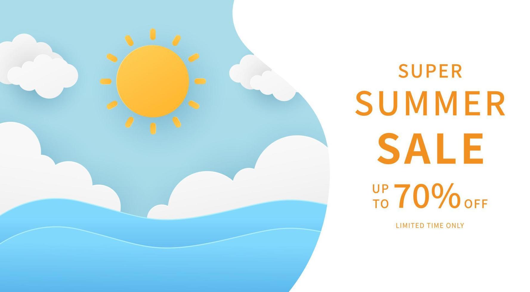 Summer banner background. Ocean with sun and fluffy clouds on blue sky background. Paper cut style. Vector illustration.