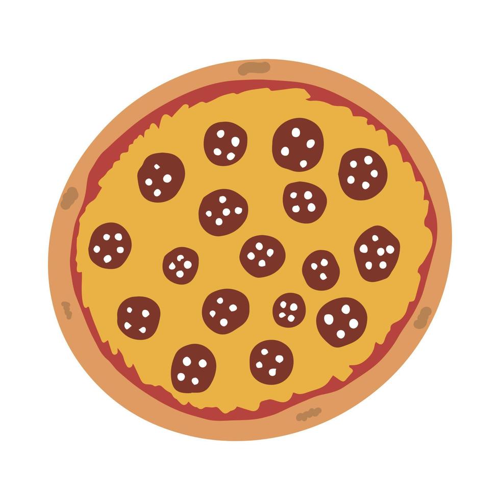 Hand drawn pizza with tomato sauce, cheese and salami. Flat food illustration. vector