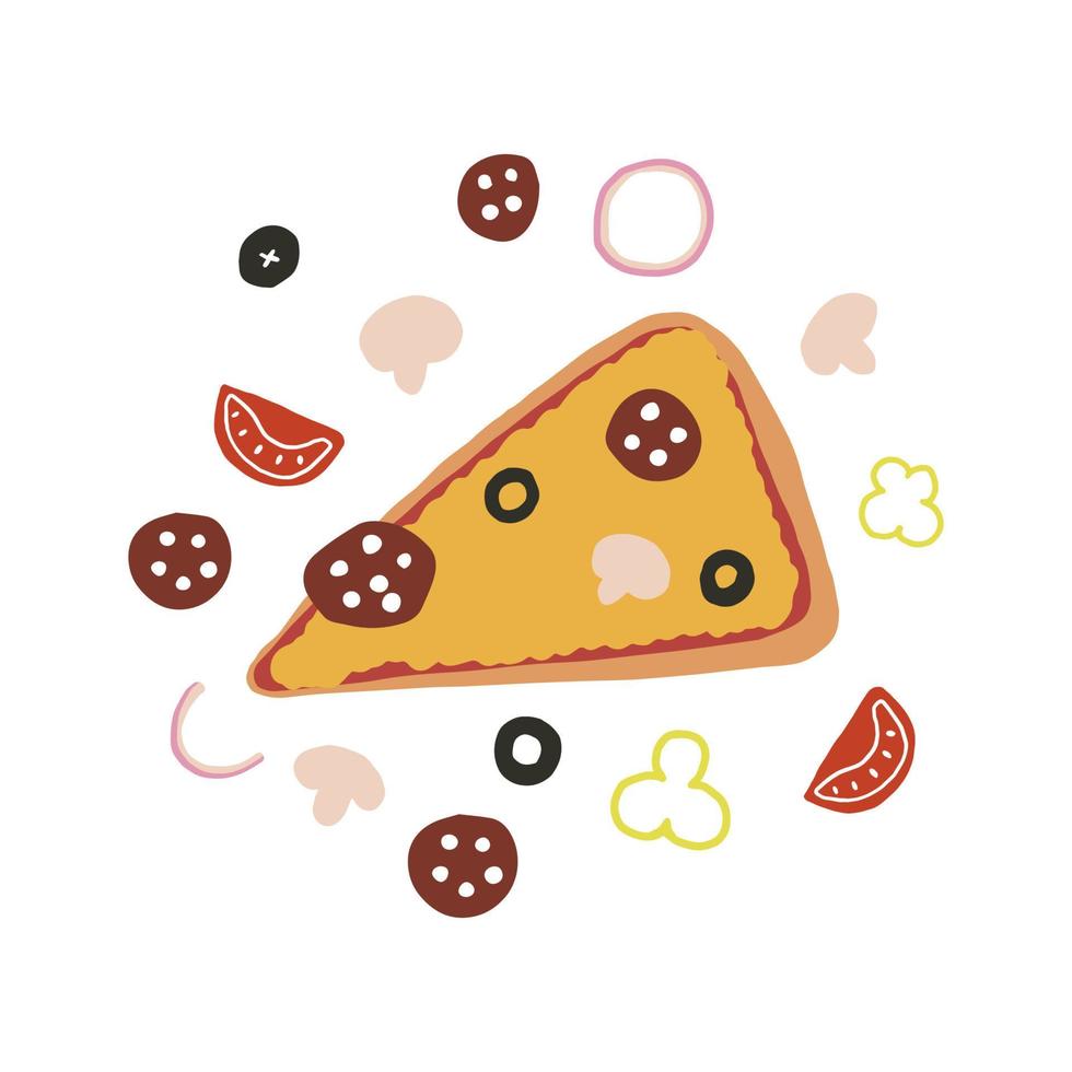 Hand drawn slice of pizza with different fillings, salami, rings of onion, tomato, mushrooms, olives. vector