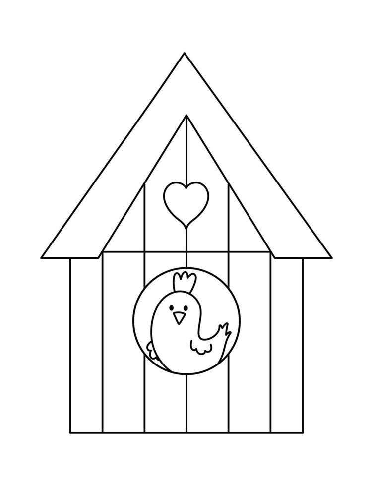 Vector black and white starling-house with bird inside icon isolated on white background. Spring outline traditional symbol and design element. Cute wooden bird house illustration for kids