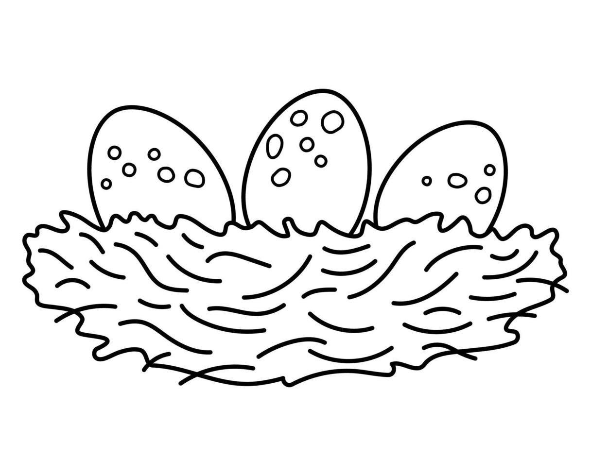 Vector black and white bird nest with eggs icon. Outline farm or Easter