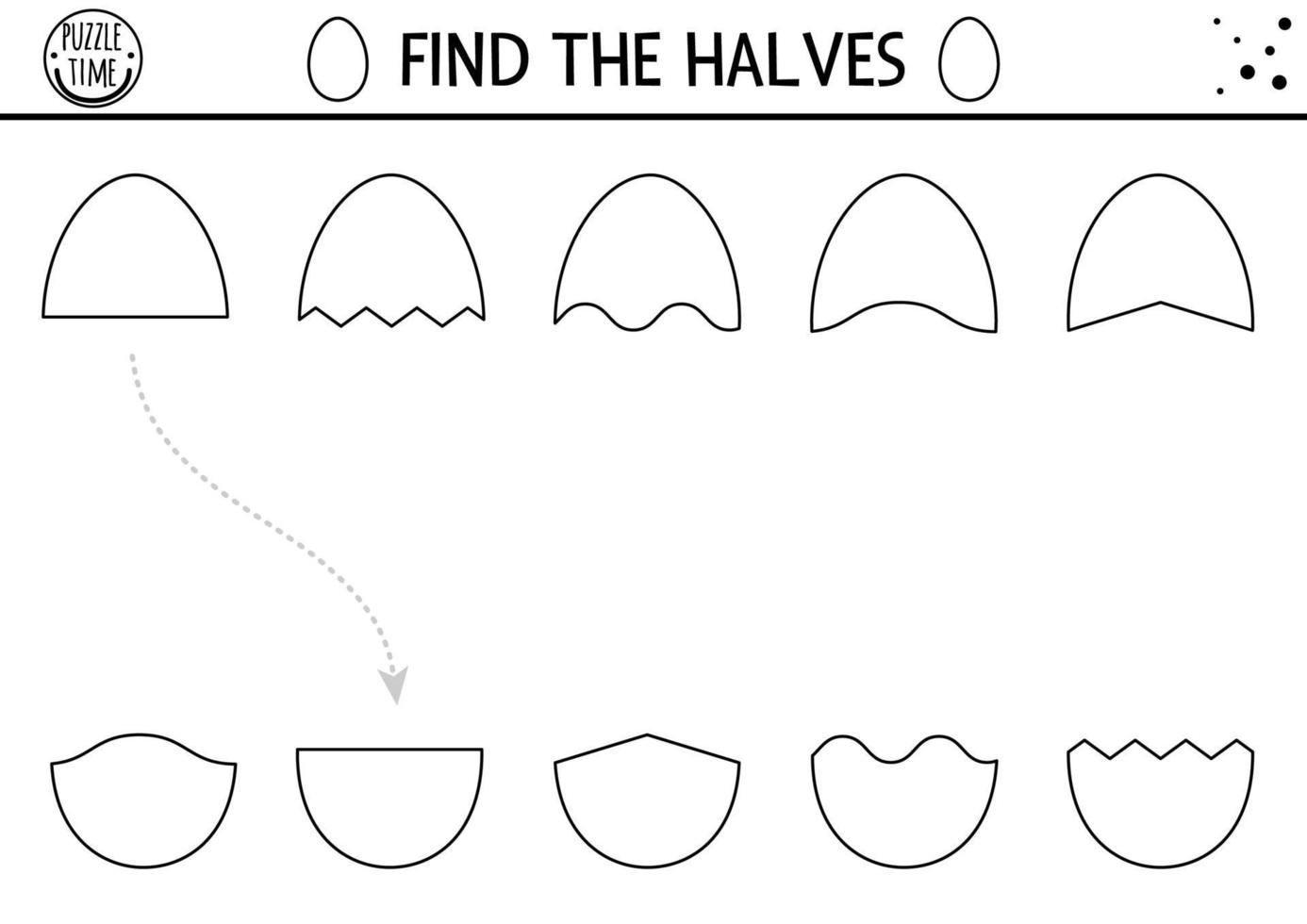 Easter black and white matching activity for children. Outline spring puzzle with eggs. Holiday celebration game, printable worksheet or coloring page for kids. Find the halves vector