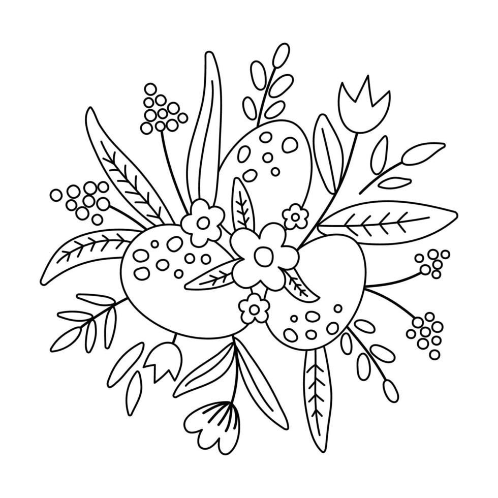 vector elemento decorativo redondo de pascua en blanco y negro. bonita composición con huevos, plantas y hojas. icono de resorte de contorno o pegatina. diseño floral en forma de círculo de vacaciones con flores y huevos