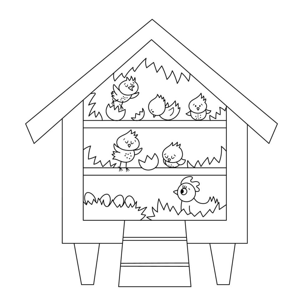 Vector black and white cute roost icon with hatching chicks and hen inside. Outline perch illustration for kids. Farm or garden birds house isolated on white background. Hen-coop coloring page