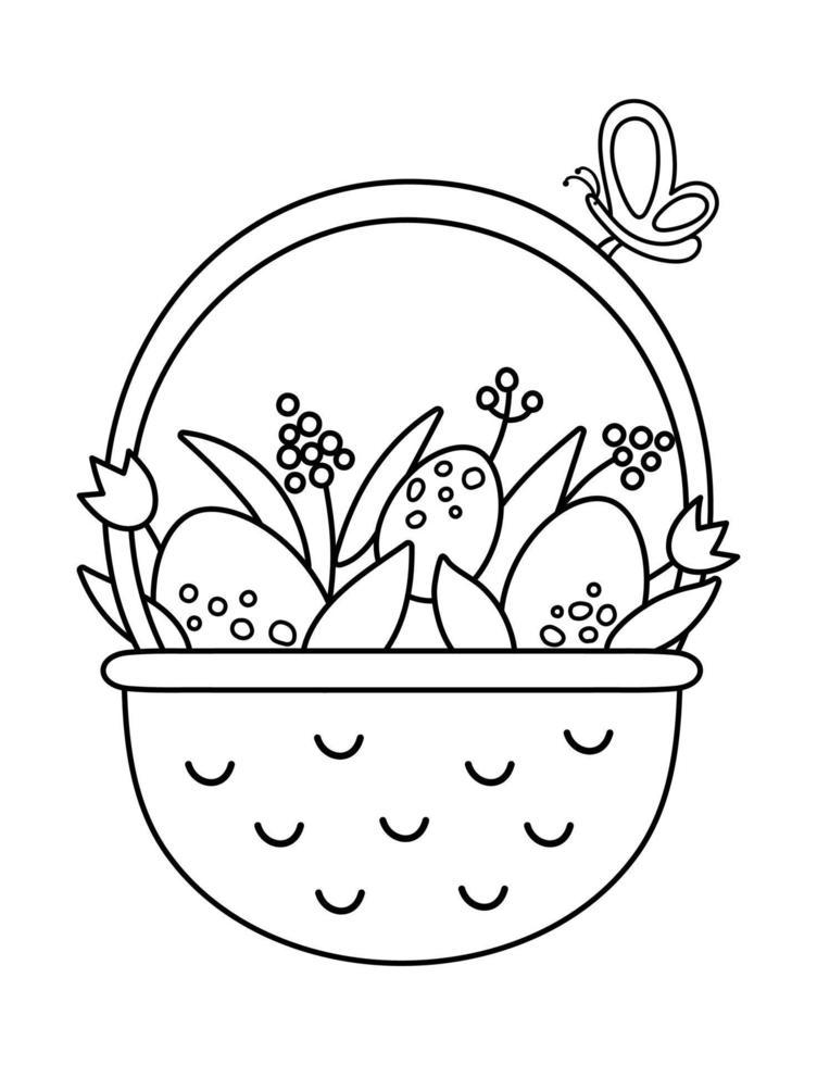 Vector black and white basket with eggs, flowers and butterfly icon. Easter outline traditional symbol and design element isolated on white. Cute spring illustration or coloring page for kids.