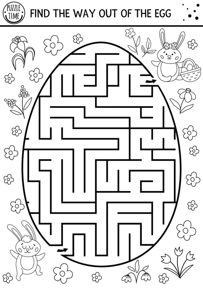 Easter black and white maze for children with cute bunnies in egg shape. Holiday outline preschool printable activity. Funny spring garden game or coloring page. Find the way out of the egg. vector