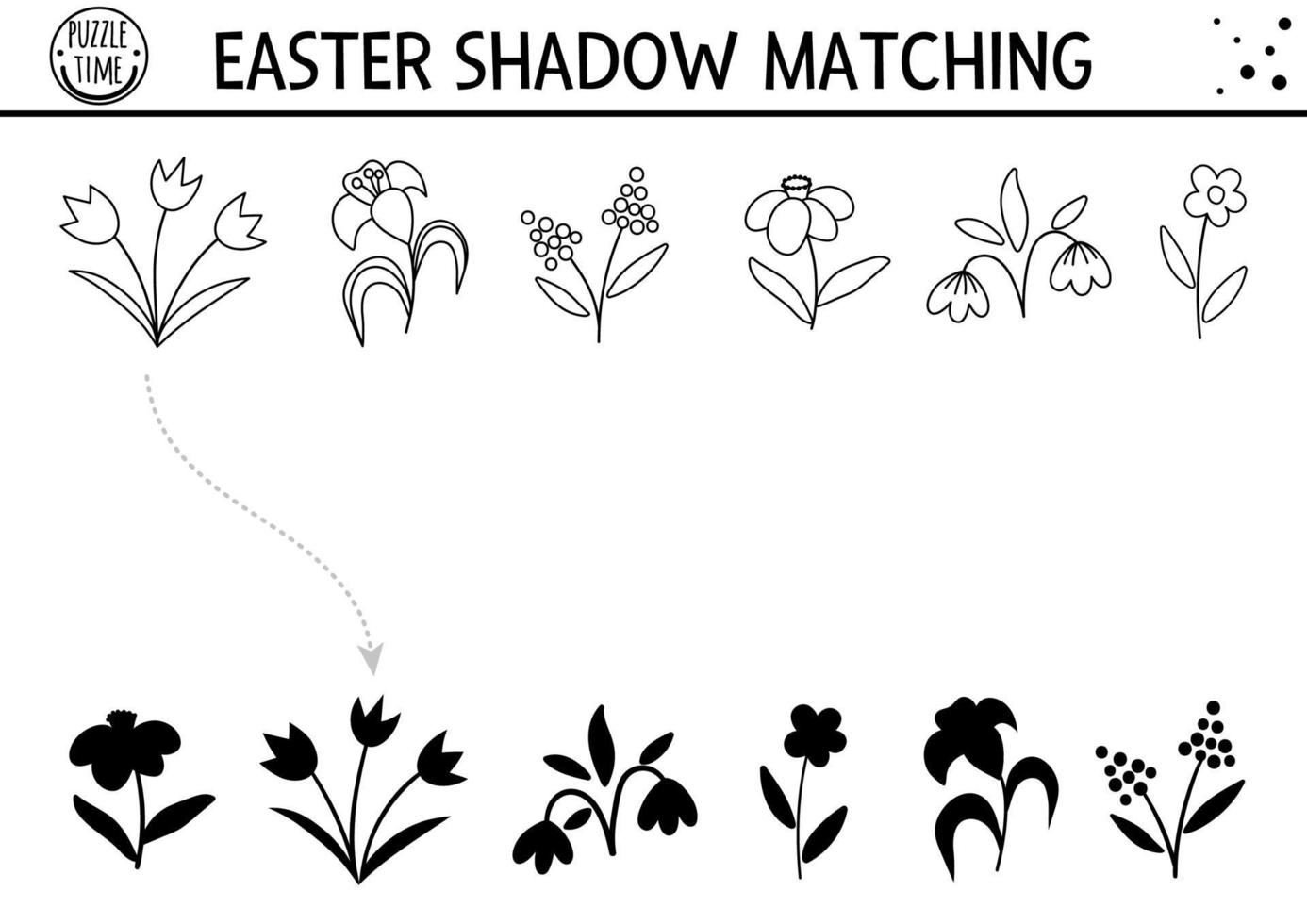 actividad de coincidencia de sombras en blanco y negro de pascua para niños. esboza el rompecabezas de primavera con lindas primeras flores. juego educativo de celebración navideña para niños. encontrar la silueta correcta. vector