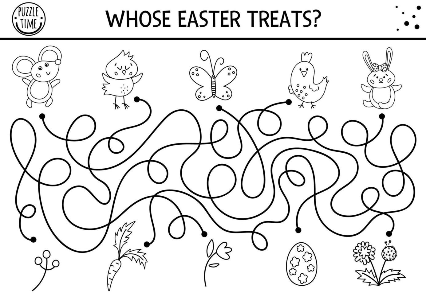 Easter black and white maze for children with cute animals and presents. Holiday outline preschool printable activity with chicken, mouse, bunny. Funny spring game or coloring page. vector