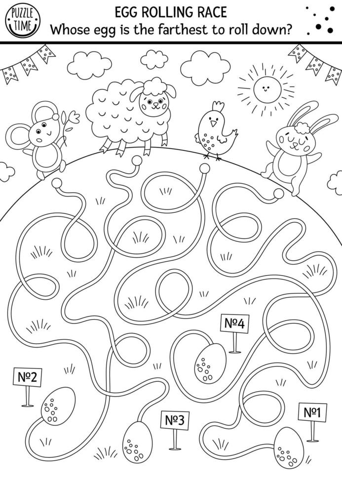 Egg black and white rolling race labyrinth. Easter maze for children. Holiday outline preschool printable educational activity. Funny spring game or coloring page with cute animals. vector