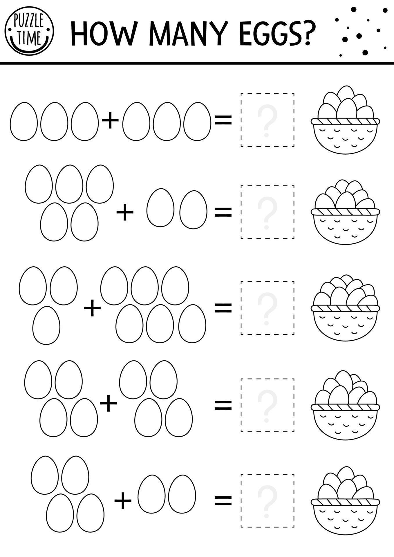 easter black and white counting game with colored eggs and basket holiday activity for preschool children spring printable math worksheet addition puzzle or coloring page for kids 5994765 vector art at vecteezy