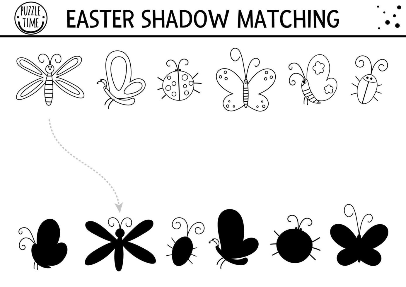 actividad de coincidencia de sombras en blanco y negro de pascua para niños. delinea el rompecabezas de primavera con lindos insectos. juego educativo de celebración navideña para niños. encuentre la hoja de trabajo imprimible de la silueta correcta vector