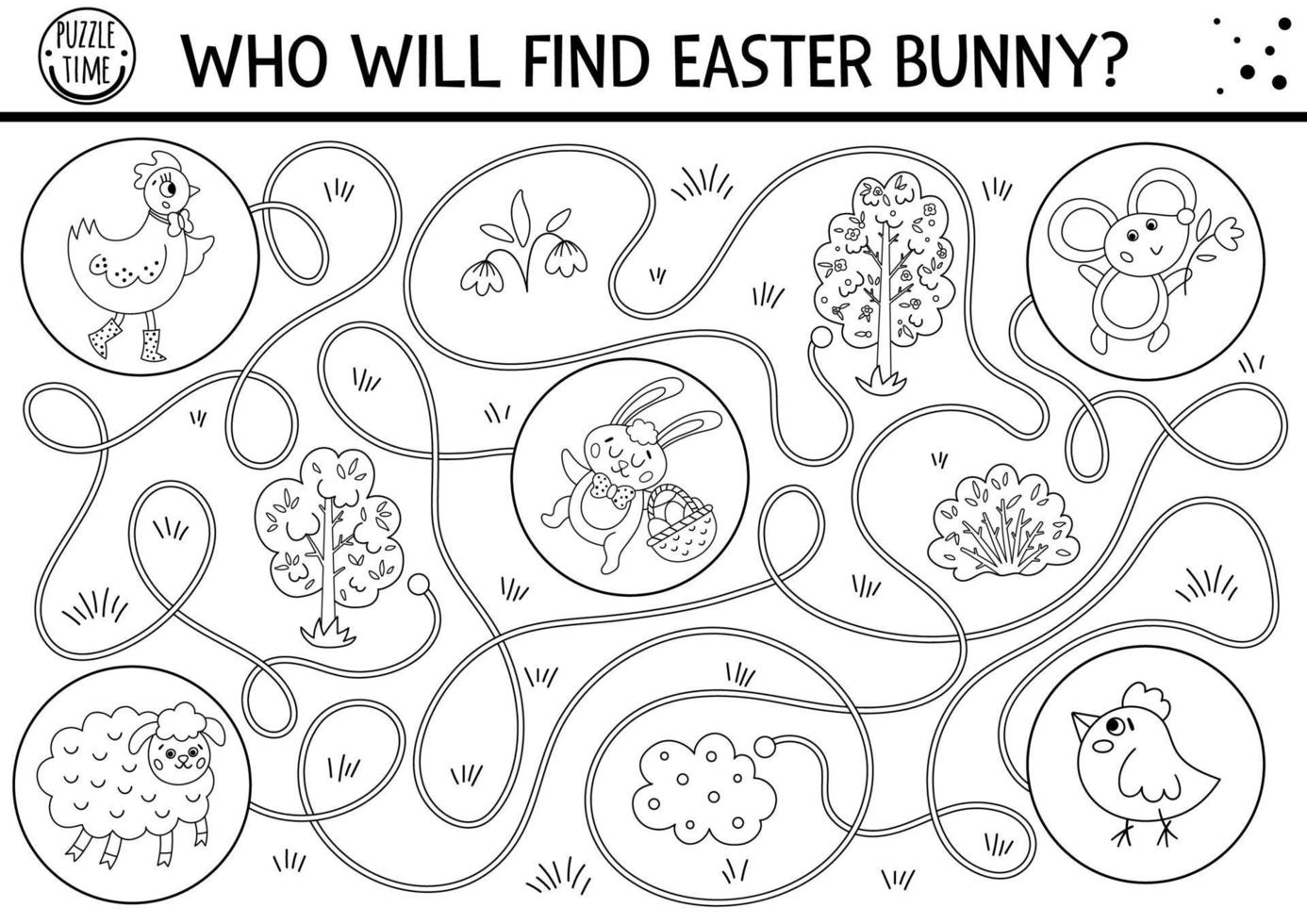 Easter black and white maze for children. Holiday preschool printable educational activity. Outline spring garden game or coloring page with cute animals. Who will find Easter bunny vector