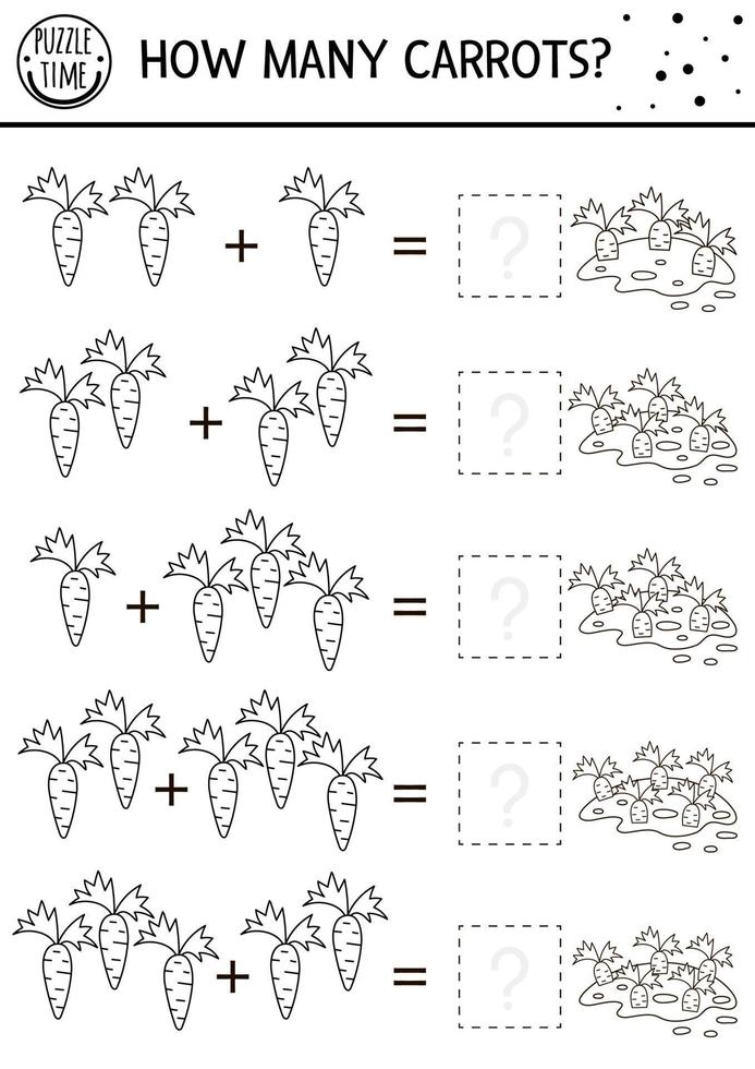 Easter black and white counting game with carrots. Holiday activity for preschool children with garden theme. Educational spring printable math worksheet. Addition puzzle or coloring page for kids vector
