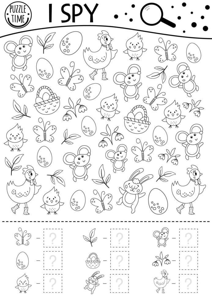 Easter black and white I spy game for kids. Outline searching and counting activity for preschool children. Funny spring printable worksheet for kids. Simple coloring page vector