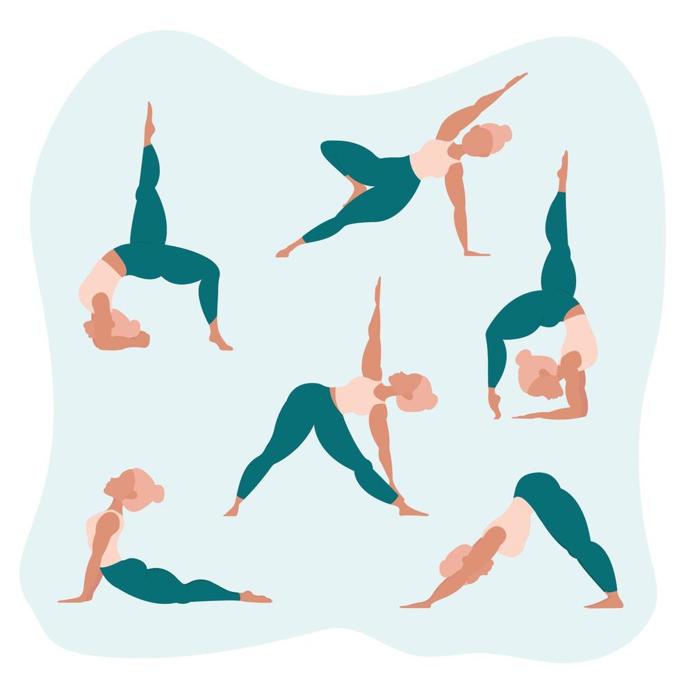 conjunto de posturas de yoga. mujer practicando meditación y estiramiento.  concepto de estilo de vida saludable. ilustración vectorial de dibujos  animados plana. 5995843 Vector en Vecteezy