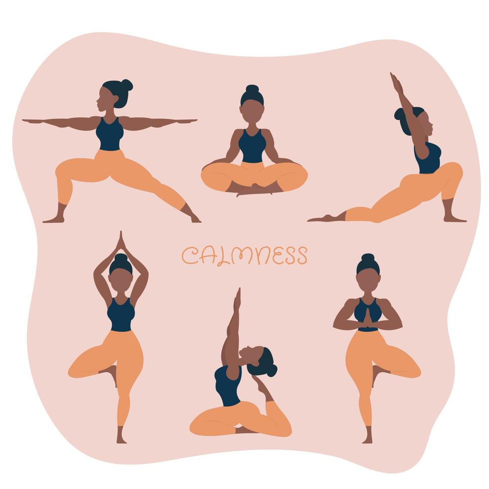 conjunto de posturas de yoga. mujer practicando meditación y estiramiento. concepto de estilo de vida saludable. ilustración vectorial de dibujos animados plana. vector