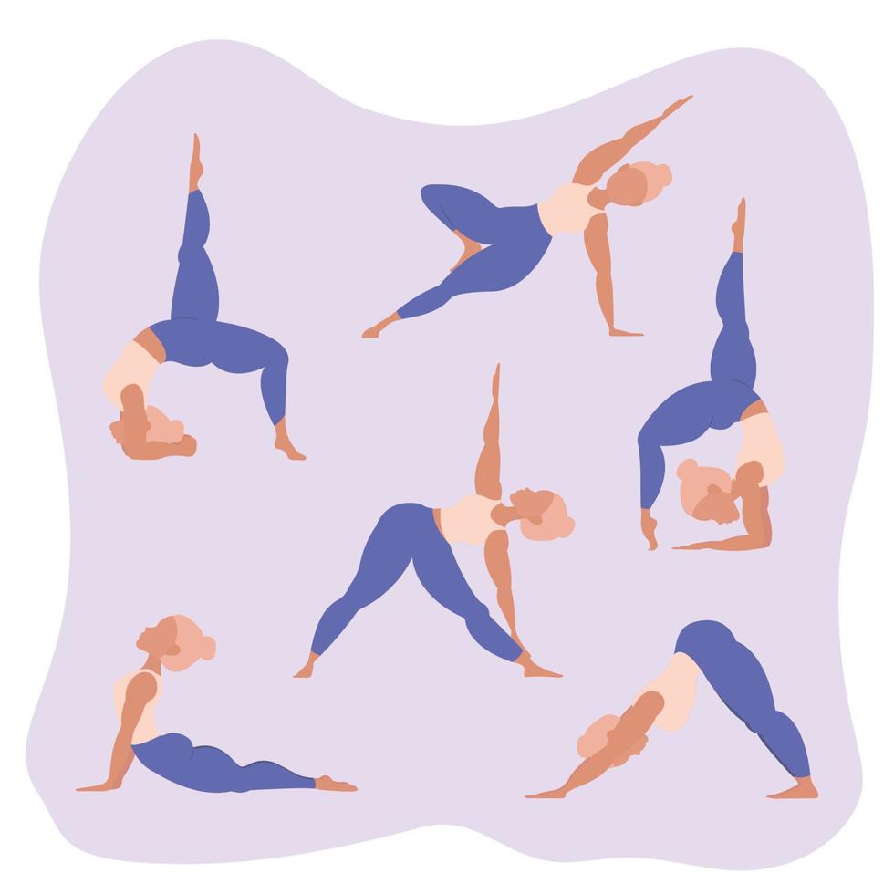 conjunto de posturas de yoga. mujer practicando meditación y estiramiento.  concepto de estilo de vida saludable. ilustración vectorial de dibujos  animados plana. 5995846 Vector en Vecteezy