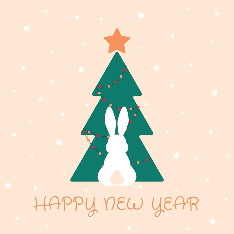 Happy new year greeting card, poster, with cute, sweet bunny silhouette on christmas tree background vector