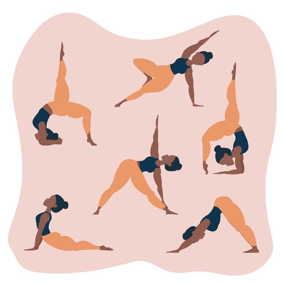 conjunto de posturas de yoga. mujer practicando meditación y estiramiento. concepto de estilo de vida saludable. ilustración vectorial de dibujos animados plana. vector