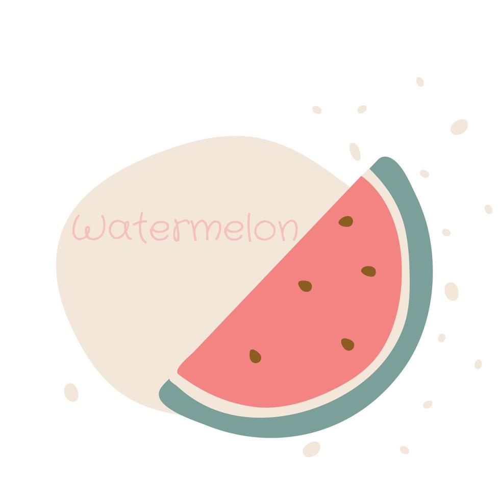 Flat watermelon hand drawn vector illustration. Ripe fruit, juicy organic food abstract drawing isolated on pastel beige background. Trendy home decor. Modern color print