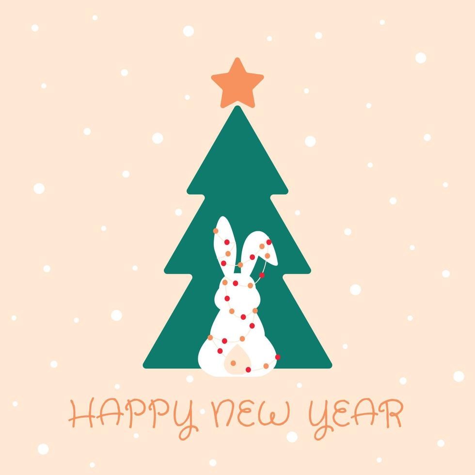 tarjeta de felicitación de feliz año nuevo, afiche, con una linda y dulce silueta de conejito en el fondo del árbol de Navidad vector