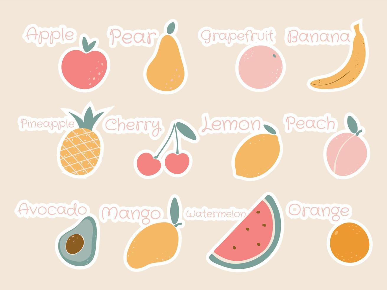 Abstract fruit shapes art print elements. Minimalist apple, pear, grapefruit, lemon, pineapple, cherry, mango, peach, banana, avocado, watermelon, orange vector illustration.