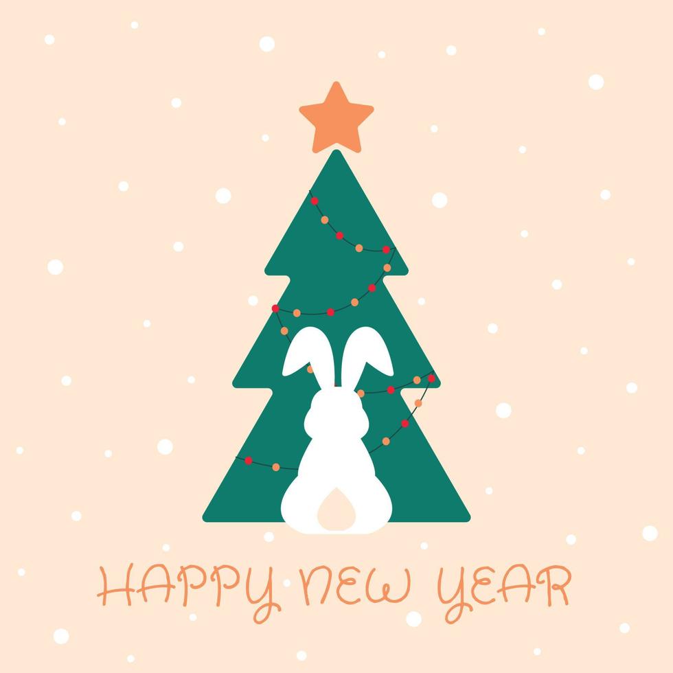 Happy new year greeting card, poster, with cute, sweet bunny silhouette on christmas tree background vector